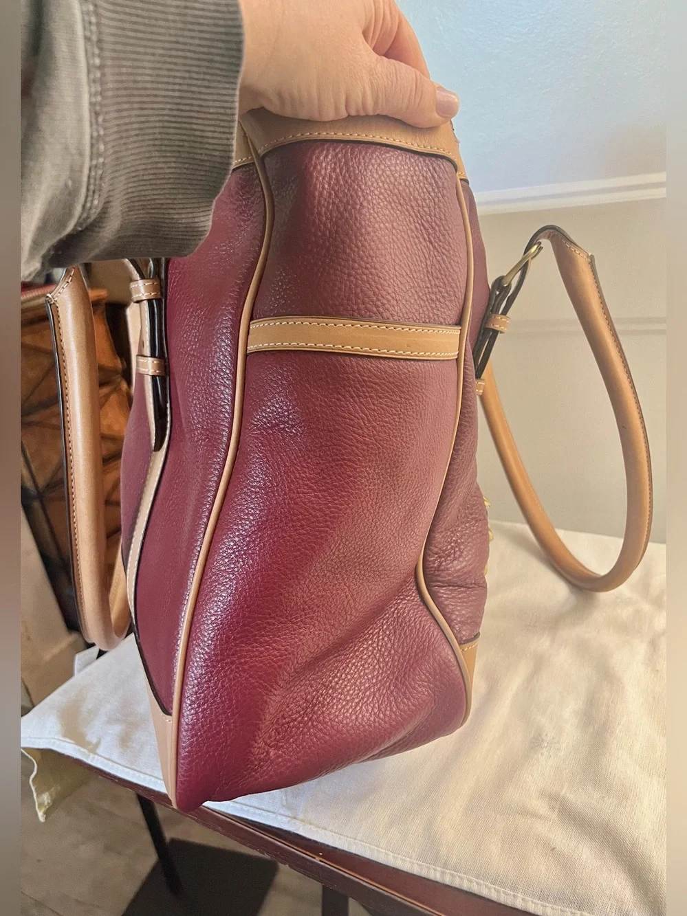 Ghurka Burgundy and Tan Leather Shopper Tote